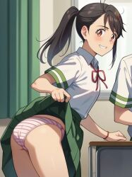 ai_generated artist_request asian asian_female bare_legs big_ass big_butt black_hair brown_eyes curvaceous curvy_female large_breasts light-skinned_female light_skin looking_back panties ponytail school_uniform schoolgirl smiling solo_female stable_diffusion suzume_(suzume_no_tojimari) suzume_no_tojimari thick_thighs thighs upskirt