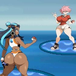 1futa ai_generated ass ass_grab big_ass bulge dark-skinned_female dark_skin duo female futanari gym_leader large_breasts mullon nessa_(pokemon) novelai original_character pink_hair poke_ball pokemon pokemon_battle pokemon_ss