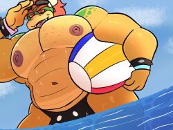 2024 anthro areola ball barazoku beach_ball belly biceps big_areola big_bulge big_muscles big_nipples big_pecs bowser bowser_day bracelet bulge clothed clothing day dutch_angle eyebrows eyewear eyewear_on_head hair hi_res holding_ball holding_object horn inflatable jewelry koopa male male_only mario_(series) musclegut muscular muscular_anthro muscular_male narrowed_eyes navel nintendo nipples non-mammal_nipples open_mouth open_smile outside partially_submerged pecs scalie smile solo speedo spiked_bracelet spikes standing sunglasses sunglasses_on_head super_mario_bros. swimwear topless topless_anthro topless_male water wet wet_body zackdadawg