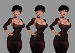 1girls batman_(series) big_breasts black_hair breasts catwoman cleavage dc dc_comics dress female_only green_eyes hand_on_hip human large_breasts light-skinned_female light_skin lipstick makeup selina_kyle short_hair solo solo_female sunsetriders7