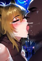 1boy 1girls ai_generated arknights breasts cheating dark-skinned_male fat_man female interracial kissing light-skinned_female making_out netorare ntr siege_(arknights) sinderellaart sloppy sloppy_kiss ugly_bastard ugly_man