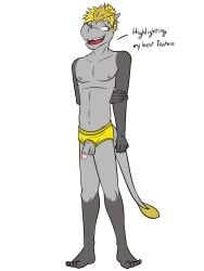 anthro anthrofied ball_stubble balls briefs briefs_only clothed clothing crotchless_clothing crotchless_underwear dialogue english_text flaccid full-length_portrait fuze generation_7_pokemon genitals hakamo-o hi_res humanoid_genitalia humanoid_penis jake_(fuze) male male_only navel nintendo nipples penis pokemon pokemon_(species) pokemorph portrait solo text topless underwear underwear_only