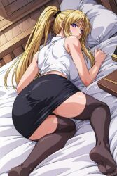 1girls ai_generated all_fours alternate_costume ass ass_focus barefoot before_sex bent_over bible_black big_ass big_breasts blonde_hair blush book breasts casual_clothes curvaceous curvy curvy_body curvy_female curvy_figure feet feet_out_of_frame female female_only full_body huge_ass inviting_to_sex kneeling large_breasts looking_at_viewer looking_back looking_back_at_viewer louvai lying_on_bed lying_on_stomach midriff official_alternate_costume parted_lips pillow ponytail presenting presenting_ass purple_eyes saeki_kaori sidelocks skirt sleeveless sleeveless_shirt solo solo_focus stockings teenage_girl teenager thighhighs tied_hair top-down_bottom-up very_long_hair