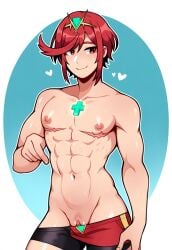 ai_generated alternate_hairstyle chest_jewel core_crystal_(xenoblade) cross cross_chest_jewel cuntboy green_cross intersex male mastectomy_scar mature_male muscular_male naked nude pixie_cut pussy pyra pyra_(xenoblade) red_eyes red_hair robofun rule_63 smile solo tiara toned_male topless topless_male very_short_hair xenoblade_chronicles_2