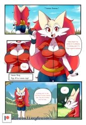 arms_behind_head big_breasts bouncing_breasts braixen bray_(lucyfercomic) cleavage comic furry furry_female lucyfercomic may_(pokemon)_(cosplay) motion_lines no_sex no_tail outdoors pokeball pokemon pokemon_(species) speech_bubble