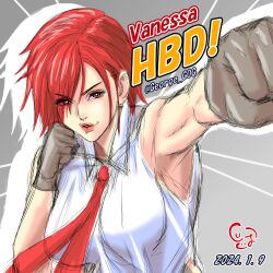 big_breasts big_breasts clothed female gloves king_of_fighters light_skin nipple_bulge red_eyes red_hair red_tie shirt short_hair tie vanessa_(kof) white_shirt