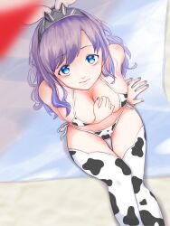 animal_print arm_between_breasts beach between_breasts blue_eyes blue_nails breasts cow_print curly_hair delphinus_yukino_(saint_seiya:_rising_cosmo) female from_above haramakintoki headband highres long_hair looking_up purple_hair saint_seiya saint_seiya:_rising_cosmo sitting socks solo