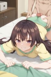 1girls ai_generated ass brown_hair bubble_ass bubble_butt buttjob female green_shorts grinding grinding_on_penis hot_dogging hotdogging_ass kuze_masachika purple_eyes sister stable_diffusion suou_yuki tokidoki_bosotto_russian_de_dereru_tonari_no_alya-san