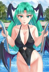 1girls big_breasts breasts cleavage darkstalkers female female_only fuzzlogik green_eyes green_hair head_wings hourglass_figure huge_breasts large_breasts morrigan_aensland one-piece_swimsuit pool succubus swimsuit wide_hips wings