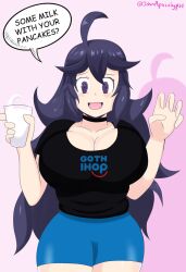 1girls 2d alternate_breast_size artist_name big_breasts dark_purple_eyes dark_purple_hair drink english_text female_only femcel glass goth goth_girl goth_ihop hex_maniac ihop long_hair milk milk_in_container nintendo pink_background pokemon pokemon_rse pokemon_xy simple simple_background text watermark weird_eyes