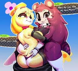 alternate_breast_size althecae animal_crossing anthro ass ass_cleavage brown_hair butt_crack canine collar elbow_gloves female from_behind fur furry gloves hedgehog isabelle_(animal_crossing) leggings looking_at_viewer looking_back macro nintendo sable_able stockings thong