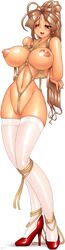 1girls arms_behind_back belldandy between_labia blush bondage breasts crotch_rope facial_mark female femsub forehead_mark goddess high_heels highres huge_breasts innie_pussy large_breasts legwear light-skinned_female light_skin long_hair mashitaka naked_footwear naked_heels naked_stockings naked_thighhighs nude oh_my_goddess! one_eye_closed pussy_stubble rope simple_background solo standing stockings thighhighs white_background white_legwear wide_hips wink