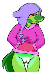 blush bottomless canine clothed clothing fur green_fur hair jellymouse mammal no_underwear purple_hair pussy red_eyes spots tagme wolf