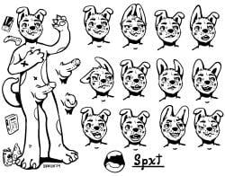 anthro beverage black_and_white book canid canine canis controller domestic_dog electronics expression_sheet food game_controller genitals hi_res hindpaw male mammal markings model_sheet monochrome nude obrien_(artist) pawpads paws penis phone pizza soda solo spots spotted_markings