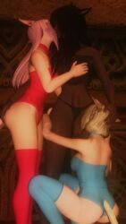 3girls blonde_hair clothed dark_hair dark_skin final_fantasy_xiv futanari gpose(ffxiv) hand_on_breast hand_on_head hand_on_hip kissing kissing_penis miqo'te original_character pink_hair squatting threesome