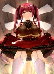 bare_shoulders blush breasts clothes_lift covered_nipples cowboy_shot dress dress_lift female garter_straps gothic_lolita heart heart-shaped_pupils heterochromia hololive hololive_fantasy hololive_japan houshou_marine kameburning large_breasts lolita_fashion long_hair looking_at_viewer looking_down pussy_juice pussy_juice_drip_through_clothes red_eyes red_hair smile solo symbol-shaped_pupils thighhighs twintails very_long_hair virtual_youtuber yellow_eyes