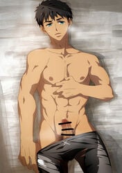 1boy black_hair censor_bar censored censored_genitalia censored_penis erection free! green_eyes male_only muscle penis pubic_hair sosuke_yamazaki sweat swim_trunks topless undressing