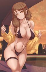 1girls alternate_costume bangs bikini black_bikini black_swimsuit braid breasts brown_hair cleavage female female female_only fire_emblem fire_emblem_engage goldmary_(fire_emblem) hair_ribbon highres johncgz large_breasts long_hair looking_at_viewer mole mole_on_breast navel nintendo pool ribbon solo swimsuit thong_bikini undressing white_ribbon yellow_eyes