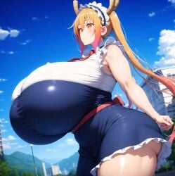 ai_generated alternate_breast_size bare_legs big_ass big_butt big_woman bigger_female dragon_girl dragon_horns fat_ass gigantic_ass gigantic_breasts horn horns huge_breasts huge_thighs kobayashi-san_chi_no_maidragon long_hair maid maid_headdress maid_outfit maid_uniform massive_ass massive_breasts minmin multicolored_hair orange_eyes orange_hair smiling solo_female sweat sweatdrop thick_body thick_female thick_thighs thighs thighs_bigger_than_head tohru_(dragon_maid) twintails