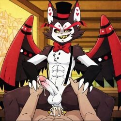 ai_generated anal anal_sex anthro black_sclera bowtie countershading cum demon demon_boy domestic_cat felid feline furry gay hazbin_hotel human human_on_anthro husk_(hazbin_hotel) interspecies red_bowtie top_hat two_tone_fur wings