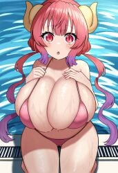 1girls :o ai_generated big_breasts breasts breasts_bigger_than_head breasts_squeezed_together cleavage curious dripping hand_on_breast hand_on_own_breast hand_on_own_chest huge_breasts ilulu_(dragon_maid) kobayashi-san_chi_no_maidragon large_ass looking_at_viewer massive_breasts miss_kobayashi's_dragon_maid narrow_waist petite petite_body pink_bikini pink_eyes pink_hair pool poolside self_upload thick_thighs wet wet_bikini wet_body wet_breasts wet_thighs wide_hips yeetyboi5000