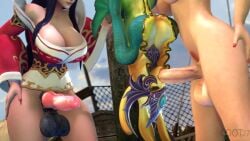 1girls 2futas 3d ahri animal_genitalia animated bouncing_breasts breasts cleavage coot27 erection face_fucking huge_breasts huge_cock large_breasts league_of_legends nami_(league_of_legends) no_sound oral tagme video