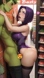 1boy 1girls ai_generated beast_boy censored cocky dc dc_comics emoji emoji_censor female garfield_logan green_hair green_skin lad male pleasure_face psilowtechart purple_hair rachel_roth raven_(dc) superhero superheroine teen_titans tongue_out