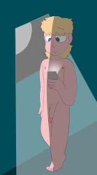 1boy absurdres barefoot blonde_hair blue_eyes cellphone completely_nude flaccid full_body grawolfquinn harry_hurst highres holding holding_phone looking_at_phone male_focus non-web_source nude penis phone phone_light simple_background skinny solo springtrap_and_deliah toony walking