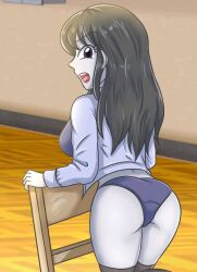 1girls ass ass black_hair chair deviantart deviantart_link equestria_girls eyebrows_visible_through_hair female grey_body grey_skin legwear long_hair long_sleeves looking_back my_little_pony octavia_melody octavia_melody_(eg) open_mouth panties solo sumin6301 thighhighs