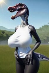 ai_generated anthro anthro_only ass big_breasts breasts clothed clothed_female clothing dinosaur female female_focus female_only fit furry highres huge_breasts jurassic_park jurassic_park_3 jurassic_world large_breasts massive_breasts multicolored_body multicolored_scales open_mouth outdoors prehistoric_species rule_63 scalie spinosaurid spinosaurus spinosaurus_(jurassic_park_3) teeth theropod thick_thighs universal_studios