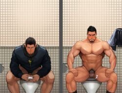 2boys abs athletic_male bara beefy biceps black_hair bodybuilder bottomless calves chastity_cage chin_pubes daddy dilf facial_hair gay goatee human icebanon jock male male/male male_only manly masculine muscles muscular_male pecs penis smooth_skinned_male thick_legs thick_thighs toilet toilet_stall topless underwear