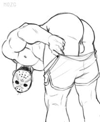 ass bara bent_over friday_the_13th hockey_mask jason_voorhees male male_only mask monochrome mozgistired muscles muscular shorts shorts_down solo solo_male