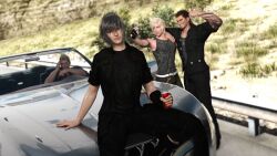 3d before_sex camera car final_fantasy final_fantasy_xv gladiolus_amicitia hdreamsproject ignis_scientia male_focus male_only noctis_lucis_caelum outdoors posing prompto_argentum selfie sitting tagme undressing