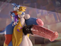 2024 3d animal_genitalia animal_penis anthro balls bandai_namco big_penis blender_(artwork) breast_grab breasts canid canine colored digimon digimon_(species) digital_media_(artwork) duo equine_genitalia equine_penis flamedramon fox genitals gynomorph hand_on_breast hi_res huge_cock humanoid_genitalia hyper hyper_genitalia hyper_penis intersex intersex/intersex mammal penis renamon scalie sintronic