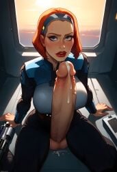 ai_generated armor bo-katan_kryze cum cum_leaking futanari hair_behind_ear hairband huge_breasts huge_cock mandalorian massive_penis on_her_knees on_the_floor red_hair solo star_wars supermanson the_mandalorian