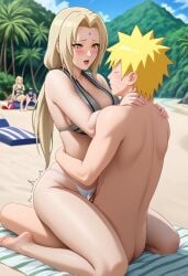 ai_generated beach beach_sex beach_towel bikini cum_in_pussy demo003 embarrassed_female naruto older_female sex_in_public tsunade uzumaki_naruto younger_male