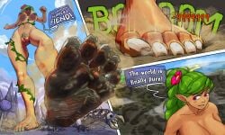 dark-skinned_female dark_skin dirty_feet dryad_(terraria) eater_of_worlds foot_fetish foot_focus foot_prints giant_feet giantess gigantic_feet gigantic_female green_hair green_toenail_polish green_toenails kerating_(artist) pointy_ears smelly_feet smelly_shoes stomp stomped stomping terraria text toe_jam toes