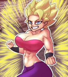 big_breasts blonde_hair blue_eyes caulifla clothed dragon_ball dragon_ball_super dragon_ball_z evil_raccoon looking_at_viewer muscles muscular muscular_female smile smiling_at_viewer super_saiyan