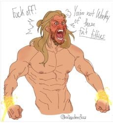 1boy aliensdoodles angry artist_name artist_signature artist_tag blush chained chained_up chained_wrists english_text human_artist joke male male_only muscular muscular_male red_face screaming solo thor yelling