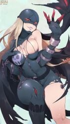 2010s 2018 belt black_bodysuit blue_background bodysuit breasts buckle cape chains claws cleavage collarbone colored_skin dated demon_girl digimon digimon_(species) eyelashes female grey_hair grey_skin grin highres impossible_bodysuit impossible_clothes johnson_zhuang ladydevimon large_breasts lipstick long_hair looking_at_viewer makeup mask red_eyes shiny_skin skin_tight skindentation skull_print smile smiling smiling_at_viewer solo stitches teeth_showing torn_bodysuit torn_clothes very_high_resolution