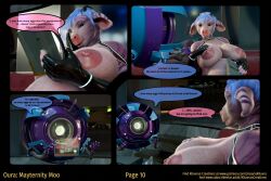 big_breasts blue_hair bovid bovine breasts cattle clothing comic english_text female hair hi_res jinsariakhavra latex latex_clothing mammal mayternity oura page_10 page_number science_fiction text url