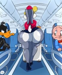 absurd_res aircraft airplane anatid anseriform anthro ass avian big_ass bird black_body black_fur bodily_fluids bottom_heavy bottomless bottomless_anthro bottomless_male bugs_bunny carlos_jurado_cartoons clothed clothing crossdressing daffy_duck domestic_pig duck flight_attendant footwear fur furry gray_body gray_fur grey_body grey_fur group hat headgear headwear heels hi_res high_heels huge_ass lagomorph leporid looking_at_ass looney_tunes male male_only mammal partially_clothed pink_body pink_skin porky_pig rabbit shoes suid suina sus_(pig) sweat tail thick_thighs trio vehicle warner_bros warner_brothers wide_hips