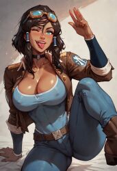 1girls ai_generated ass assases avatar_legends bulge choker civitai cleavage club face female fingers googles head jacket jeans korra salute seductive solo standing the_avatar the_legend_of_korra thick_thighs tight_clothing tongue_out water_tribe