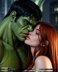 1boy1girl ai_generated ass big_ass big_breasts big_butt breasts hulk hulk_(series) human kissing kissing light-skinned_female light-skinned_male light_skin marvel marvel_comics mary_jane_watson nude nude_female red_hair straight straight_hair superhero tight_clothes tight_clothing wide_hips