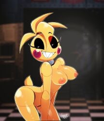 animatronic animatronic_female beakless chicken chicken_girl female five_nights_at_freddy's five_nights_at_freddy's_2 fnaf lexitqrem phasianid robot robot_girl scottgames solo toy_chica_(fnaf) yellow yellow_skin