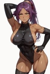 ai_generated bleach curvy gloves hand_behind_head hand_on_hip huge_breasts kiraaiart large_breasts ponytail pose purple_hair shihouin_yoruichi thick_thighs thighhighs tight_clothing yellow_eyes