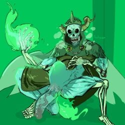 adventure_time anal_sex balls bara big_penis flaccid green_theme horns lifting_clothing male male_only penis pigeonpantonium skeleton solo solo_male spread_legs stomach_bulge the_lich