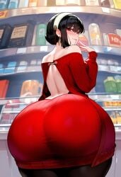 1girls ai_generated ass back_view backless_dress backsack big_ass black_hair blush child_bearing_hips from_behind huge_ass huge_breasts looking_at_viewer red_dress red_eyes round_ass smile spy_x_family wide_hips yor_briar yor_forger