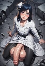 ai_generated bleach femboy flaccid flaccid_penis giselle_gewelle hairy_balls heart-shaped_pupils huge_balls huge_cock hung_trap hyper hyper_penis looking_at_viewer massive_balls massive_penis notexactlyrealok quincy_(bleach) white_dress