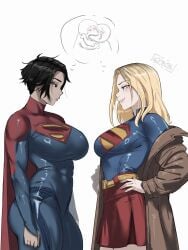 2girls 3:4 absurdres alternate_breast_size_(larger) arms_at_sides ass big_breasts black_eyes black_eyeshadow black_hair blonde_hair blue_bodysuit blue_eyes blue_leotard blush bodysuit breasts brown_coat cape closed_mouth coat coat_partially_removed cowboy_shot dc dc_comics dc_extended_universe dc_universe_(franchise) dcu doodle_inset dual_persona eyeshadow female female_kryptonian female_only gy_beth gybeth hands_on_own_hips highres imminent_kiss kara_danvers kara_zor-el kryptonian large_breasts leotard looking_at_another makeup medium_hair meme multicolored_bodysuit multicolored_hair multiple_girls naughty_face parted_bangs red_bodysuit red_cape red_skirt short_hair signature skirt speech_bubble streaked_hair supergirl supergirl_(dcu) supergirl_(sasha_calle) superhero_costume superman_(2025) superman_(series) teeth the_flash_(2023) the_flash_(movie) the_flash_(series) thighs thought_bubble white_background yuri